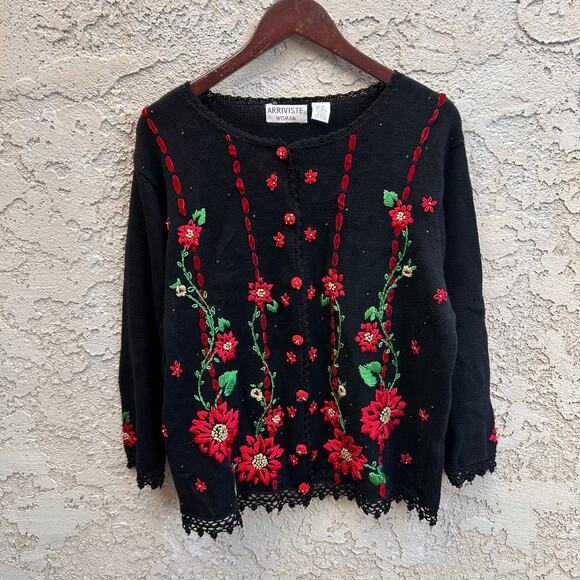 Vintage Arriviste Christmas Cardigan Sweater Beaded Embroidered Womens 14/16 - Picture 1 of 4